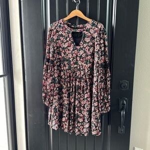 Nina Leonard Black Floral Midi Dress with Pink Roses